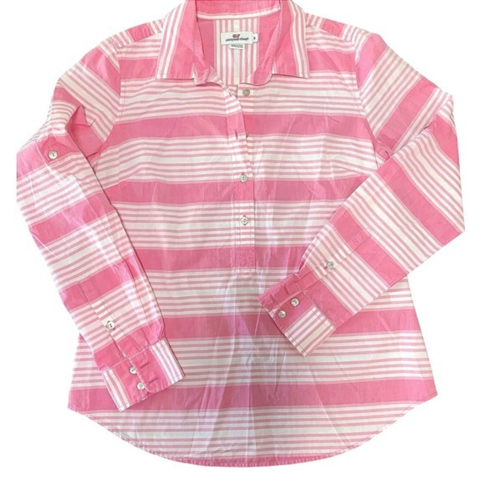 Vineyard Vines Pink White Striped Long Sleeve Pullover Top tab sleeve preppy